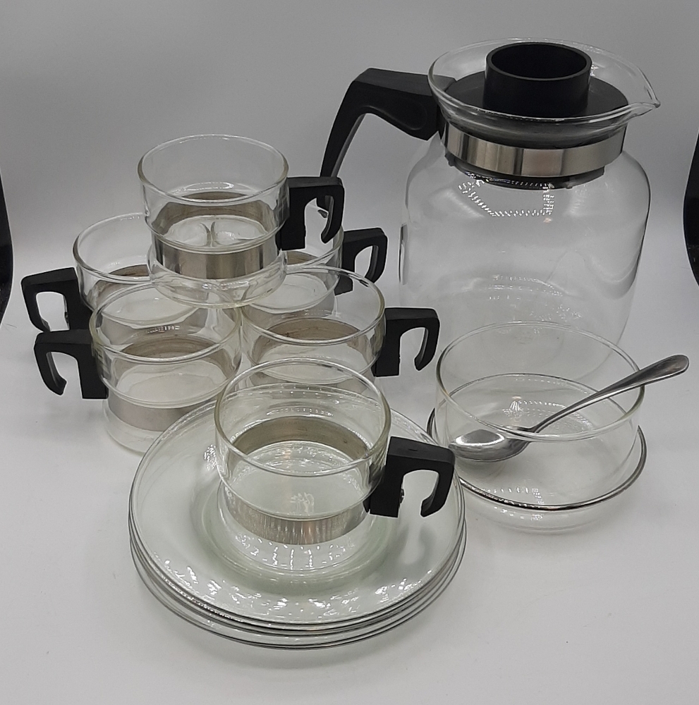 Vintage Complete Service Of Glass Cups Pitcher Sugar Bowl Simax Czechoslovakia